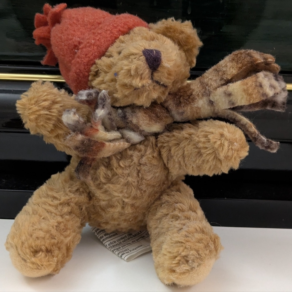 Brown Plush Teddy Bear with Rust Beanie and Patterned Scarf